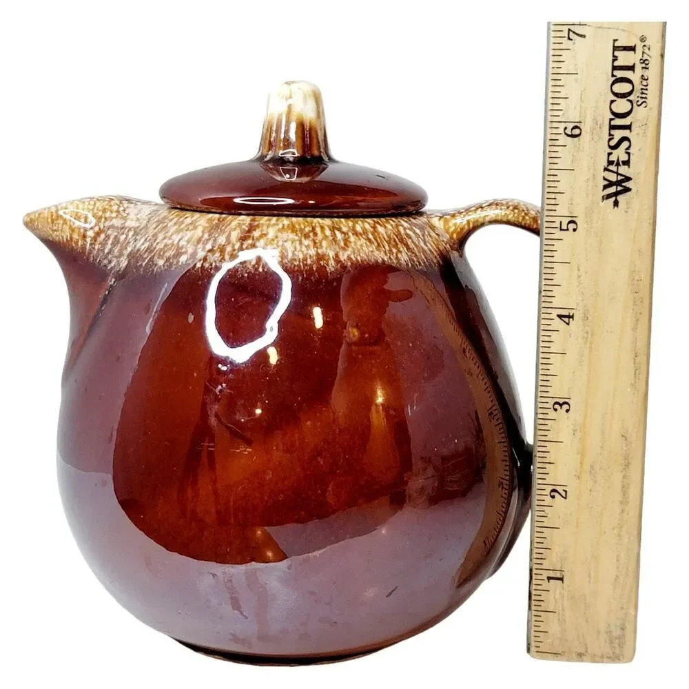 Vintage Hull Pottery Brown Drip Ball Shaped Tea Pot &‎ Lid Oven Proof USA 6 3/4